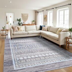 4x6 Boho Area Rugs for Living Room, Machine Washable Bohemian Geometric Carpet with Non-Slip Backing, Soft Indoor Moroccan Floor Covering for Bedroom Kitchen Entryway Home Office, Grey & Blue
