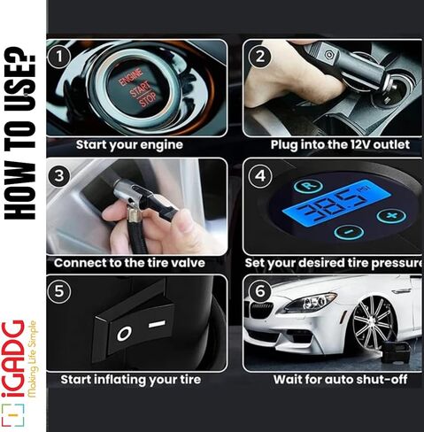 12V Small Digital Tire Inflator with Auto Shut-Off – Compact Air Compressor for Car & Bike Tires, Air Pump for Car Tires, Portable Air Compressor, LED Light (BTI-Digital) in Saudi Arabia