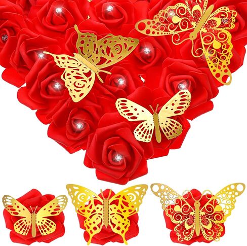 100 حزمة من دبابيس الزهور الاصطناعية ذات رؤوس وردية حمراء وردية ودبابيس ألماس على شكل فراشة وردية وهمية لتزيين جدار العطلات بنفسك، وتزيين باقة الزفاف (أحمر) in Kuwait