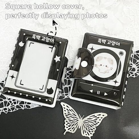 Photocard Mini Album,Cute Black Themed Kitten 3~3.5 In K-POP Photo Card Book Hollow Cover with Button Polaroid Photo Star Photo Card Holder (Music Cat) in Saudi Arabia