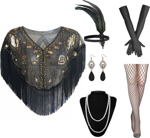 1920s Women’s Shawl Wraps Sequin,Roaring 20s Accessories Women Feather Headpiece Necklace Earrings Long Gloves in Saudi Arabia