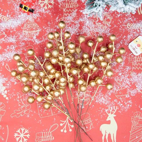 26 pcs Artificial Berry Stems for Christmas Tree Decoration, 6.5 Inch Red Berry Picks for Christmas Decor DIY Crafts Flower Wreath Home Decor(Red+Gold) in Saudi Arabia
