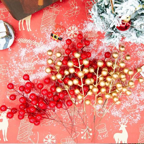 26 pcs Artificial Berry Stems for Christmas Tree Decoration, 6.5 Inch Red Berry Picks for Christmas Decor DIY Crafts Flower Wreath Home Decor(Red+Gold) in Saudi Arabia