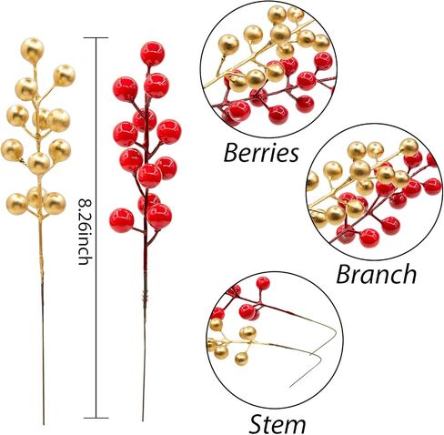 26 pcs Artificial Berry Stems for Christmas Tree Decoration, 6.5 Inch Red Berry Picks for Christmas Decor DIY Crafts Flower Wreath Home Decor(Red+Gold) in Saudi Arabia
