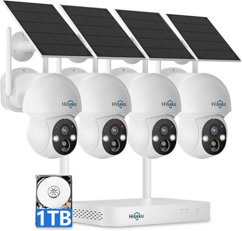 Hiseeu Solar Security Camera Outdoor,4MP Cameras,Wireless Home Security Cameras System,Color Night Vision,Solar-Powered, 2.4G/5G WiFi, 360° Pan & Tilt,500GB HDD,No Subscription in Saudi Arabia