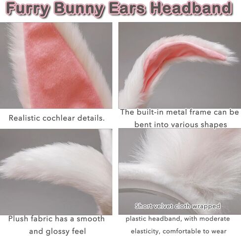 Furry bunny ear headband for women girls cute white rabbit ears costume pretend party Halloween hair accessories in Saudi Arabia