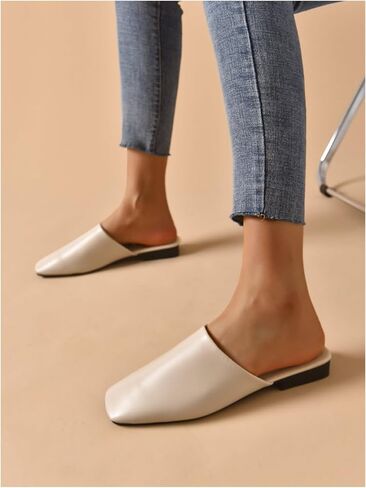 Verdusa Women's PU Leather Square Toe Flat Mules Slip On Slides Mule Shoes in Saudi Arabia