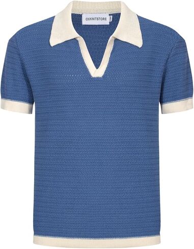 OXKNIT Mens Knit Polo Shirts Vintage Short Sleeve Golf Shirts Textured Retro Poloshirt White V-Neck in Kuwait