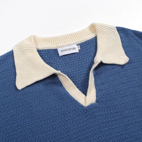 OXKNIT Mens Knit Polo Shirts Vintage Short Sleeve Golf Shirts Textured Retro Poloshirt White V-Neck in Kuwait