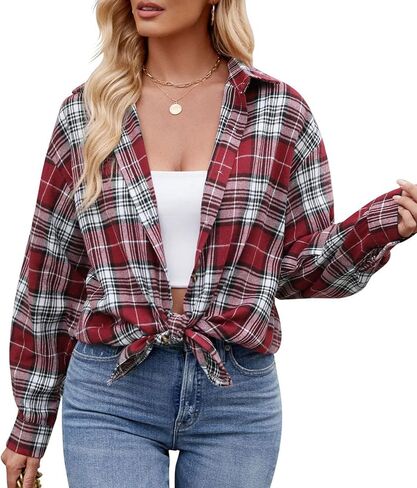 Womens Flannel Fashion Plaid Shirts Button Down Shacket Long Sleeve Jacket Casual Fall Top in Saudi Arabia