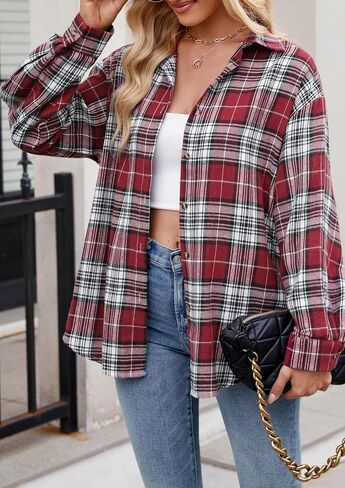 Womens Flannel Fashion Plaid Shirts Button Down Shacket Long Sleeve Jacket Casual Fall Top in Saudi Arabia