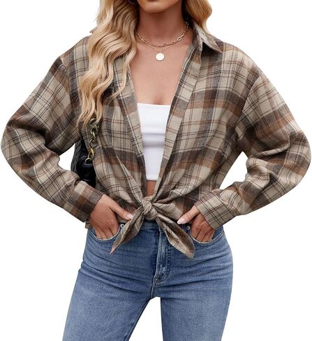 Womens Flannel Fashion Plaid Shirts Button Down Shacket Long Sleeve Jacket Casual Fall Top in Saudi Arabia