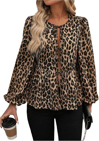 Milumia Women's Leopard Print Bow Tie Blouses Lantern Long Sleeve Peplum Tops in Saudi Arabia