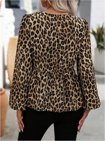 Milumia Women's Leopard Print Bow Tie Blouses Lantern Long Sleeve Peplum Tops in Saudi Arabia