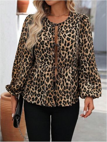 Milumia Women's Leopard Print Bow Tie Blouses Lantern Long Sleeve Peplum Tops in Saudi Arabia