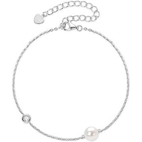 Dainty Freshwater Pearl Bracelet for Women, Delicate Sterling Silver White Pearl Chain Bracelets Wedding Jewelry for Brides Bridesmaid Gifts