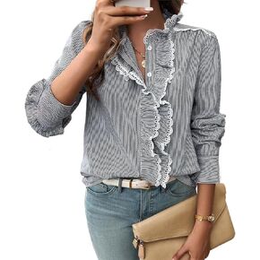 Women's Elegant Blouses Casual Long Sleeve Striped Button Up Work Office Shirts Teacher Fall Ruffle Lace Cute Tops