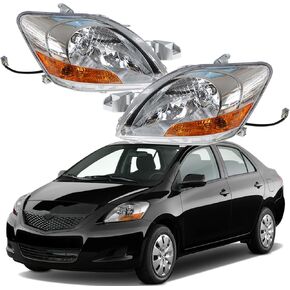 munirater Chrome Housing Headlights Headlamps Assembly Replacement for 2007-2011 Yaris Base Sedan 4-Door with Amber Corner Driver & Passenger Side 8117052740 8113052750