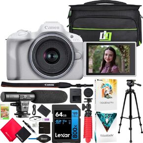 Canon EOS R50 Mirrorless Camera Vlogging Creator Kit Including Body + 10-18mm F4.5-6.3 is STM Lens + Tripod Grip & Remote 5811C109 Bundle with Deco Gear Bag + Monopod + Software & Accessories