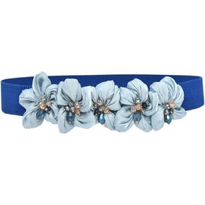 Womens Slim Elastic Waist Belt Thin Narrow Stretch Chiffon Flower with Crystal Elegant Sweet Corset for Dresses