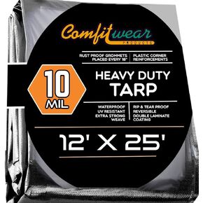 12' x 25' Heavy Duty Silver/Black Waterproof UV Blocking 10 Mil Poly Tarp