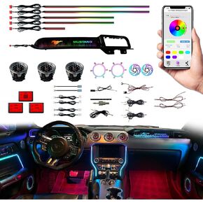 Interior Car LCD Ambient Lighting/Air Vent/Four Door Light Strips for Ford Mustang 2015-2022 with Passenger Side Atmosphere Lamps Music Sync Wireless APP and Remote Control（Mustang）