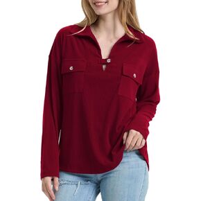 Women's Casual V Neck Ribbed Knitted Shirts Loose Long Sleeve Tunic Tops Fall Pullover Blouses Top with Pockets