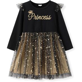 فستان بات بات للفتيات الصغيرات بأكمام طويلة وقميص شبكي لامع مزين بالترتر وتنورة توتو in Kuwait