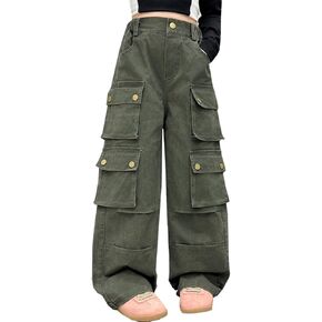 SANGTREE Girls High Waist Baggy Y2k Wide Leg Cargo Pants, 4-14 Years