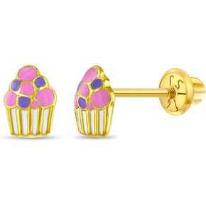 14k Yellow Gold Colorful Enamel Cupcake Screw Back Earrings for Toddlers & Young Girls - Multicolor Fun & Fashionable Screw Backs for Children & Kids