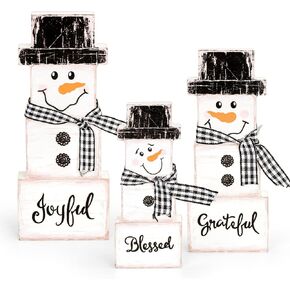 3Pcs Retro Winter Snowman Wooden Table Decoration Christmas Square Snowman Table Centerpiece with Plaid Ribbon Xmas Rustic Farmhouse Signs Tired Tray Block for Home Mantel Tabletop