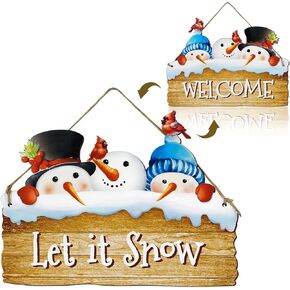 Snowman Door Sign Decor Let It Snow Welcome Reversible Sign Winter Door Decor Snowman Winter Christmas Hanging Decor for Door Porch Wall Window
