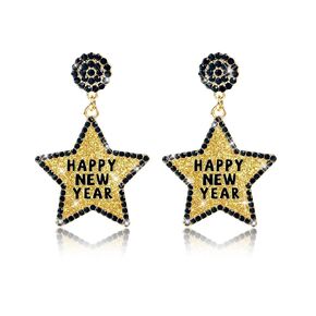 Happy New Year Earrings for Women Glitter Rhinestone Earrings Sparkly Gold Star Earrings New Years Jewelry Holiday Earrings for Girls as New Years Gifts Matching New Years Eve Outfit