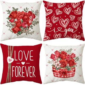 Valentine's Day Throw Pillow Covers, 18 x 18 Inch Red Heart Mason Jars Roses Diamond Lattice Hello Valentine Love You More Decorative Pillowcases for Sofa Couch Set of 4