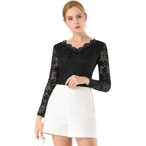 Allegra K Women's Floral Embroidery Sheer Long Sleeves Lace Blouse Top
