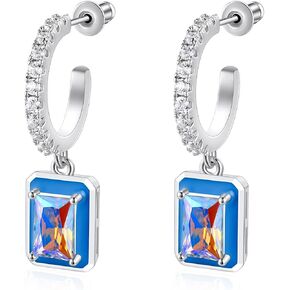 Silver Hoop Earrings for Women，White Gold Plated Drop CZ Earrings