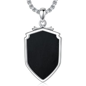 925 Sterling Silver Black Obsidian Necklace for Men, w/Stainless Steel Chain 22''+2''