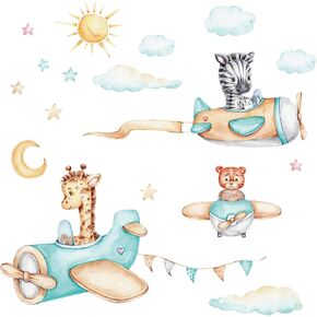 Wild Animal Wall Stickers Jungle Animal Giraffe Zebra Tiger Aircraft Pilots Wall Decals Watercolor Cloud Star Sun Sticker Baby Nursery Kids Room Kindergarten Playroom Home Wall Decor Art 24.8in*24.8in
