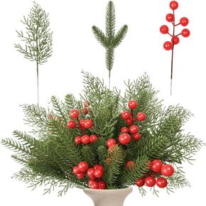 95PCS Christmas Wrapping Decorations Crafts for Gift Package, Artificial Pine Branches, Faux Greenery Stems, Red Berry Picks, Winter Xmas Holiday Decor