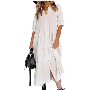 utcoco Womens Puff Sleeve Button Down Maxi Shirt Dresses Casual Loose Fit Tiered Swing A Line Cotton Long Shirt Dress
