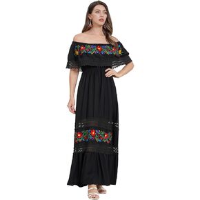 ABAFIP Women's Mexican Embroidered Dress Off Shoulder Floral Embroidery Lace Present Fiesta Midi Dresses