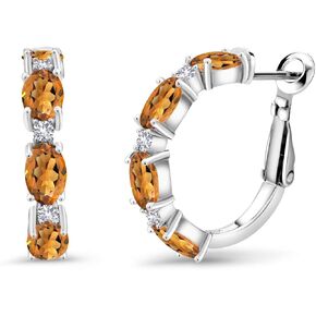 Gem Stone King 925 Sterling Silver Orange Red Madeira Citrine and White Created Sapphire Hoop Earrings For Women (3.44 Cttw, Gemstone Birthstone, Oval 6X4MM and Round 2MM)