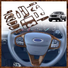 Muslogy for Maverick Set 14 Pcs Interior Decoration Trim Kit Overlays Steering Wheel Center Console Vent Window Switch Inner Door Cover Compatible with Ford Maverick 2022 2023 2024 (Black Wood Grain)