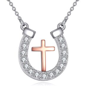 CRMAD Horseshoe Necklace for Women Sterling Silver Horse Cross Pandant Necklace Rose Gold Plated Jewelry Gifts (cross)
