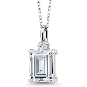 Gem Stone King 925 Sterling Silver White Moissanite Pendant Necklace For Women | 2.56 Cttw | Gemstone Birthstone | Emerald Cut 9X7MM | With 18 Inch Silver Chain