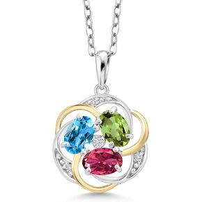 Gem Stone King 925 Sterling Silver and 10K Yellow Gold Customized and Personalized 3 Stone Oval Gemstone Birthstone and White Lab Grown Diamond Pendant Necklace For Women with 18 Inch Chain