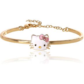 SALLY ROSE Hello Kitty Bangle Bracelet for Women Official License, 18k Gold Flash-Plated Hello Kitty Pendant Bracelet with Pink Crystal