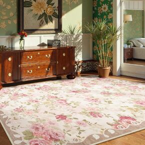 Lahome 8x10 Area Rugs,Farmhouse Rugs for Living Room Boho Area Rug Machine Washable,Vintage Floral Rug Low Pile Girls Rugs for Bedroom Nursery Rug Girl Playroom Dining Room(8'X10',Beige)