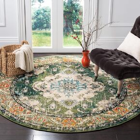 SAFAVIEH Monaco Collection Area Rug - 8' Round, Forest Green & Light Blue, Boho Medallion Distressed Design, Non-Shedding & Easy Care, Ideal for High Traffic Areas in Living Room, Bedroom (MNC243F)
