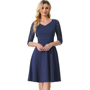 Allegra K Elegant Work Dress for Women's Contrast Lace 3/4 Sleeves High Waist Cocktail Dress